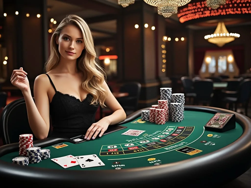 Ruang permainan live dengan meja dealer dan pencahayaan studio